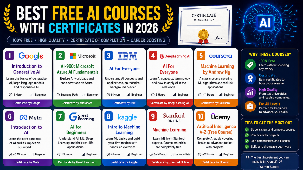 Best Free AI Courses With Certificates in 2026