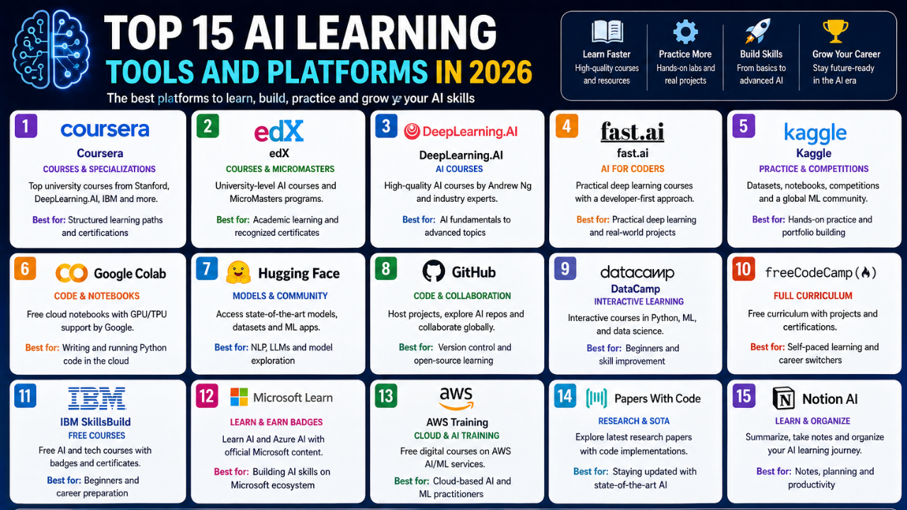 Top 15 AI Learning Tools and Platforms in 2026